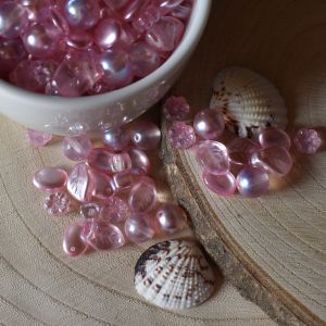 České skleněné mačkané korálky - mix tvarů - růžový - 30 g